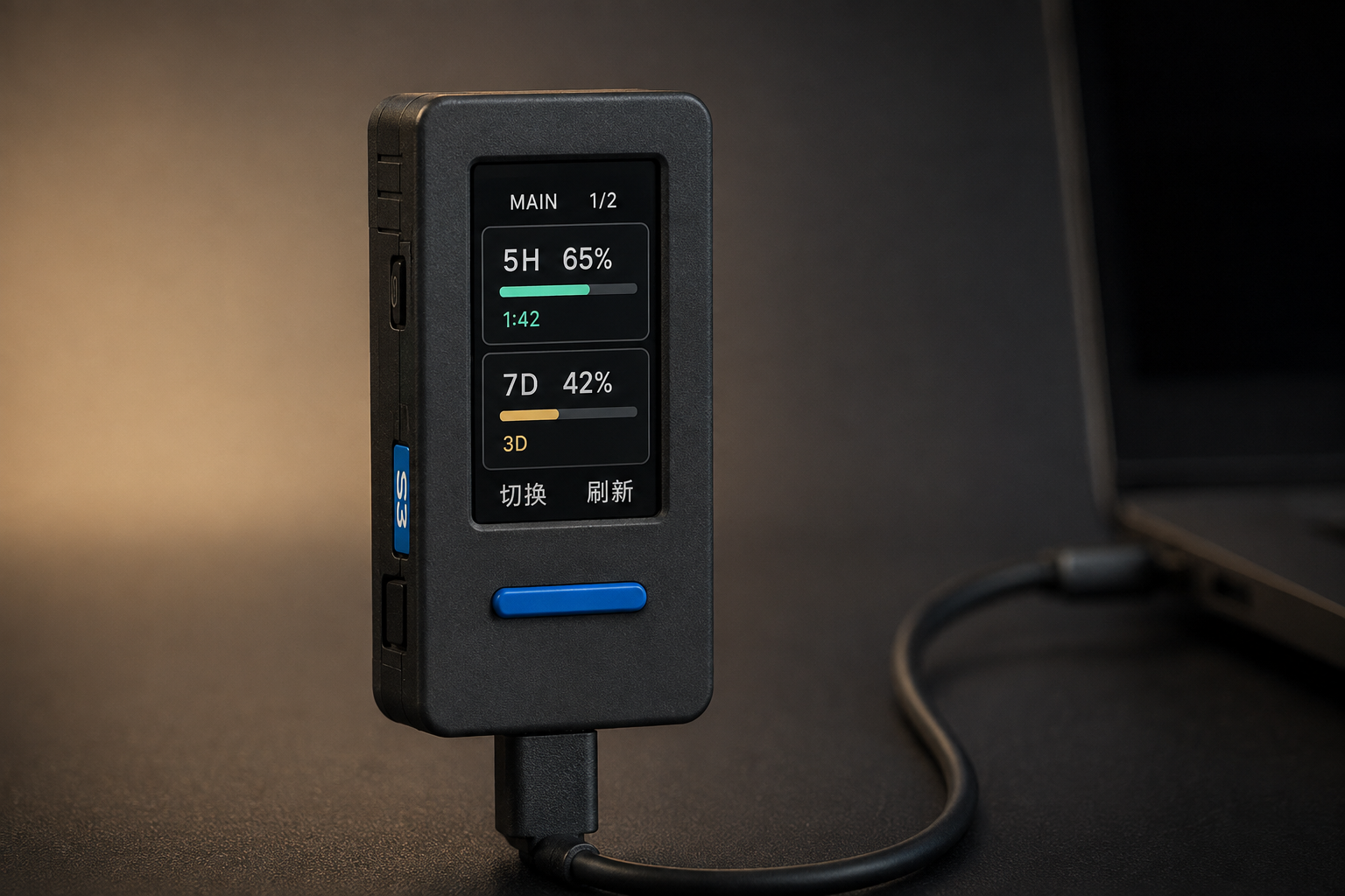 通过 USB 连接电脑并显示双额度窗口的 StickS3 渲染